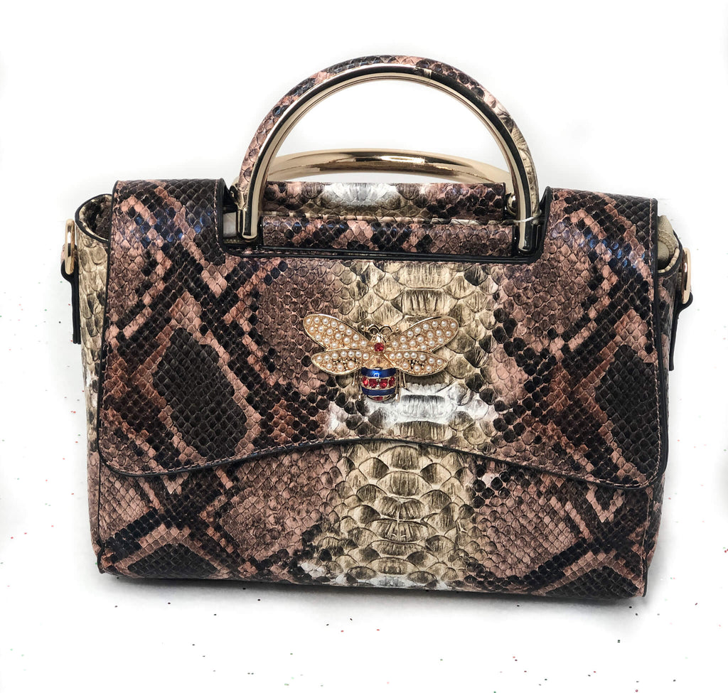 Bee Charm Snake Printed Handbag